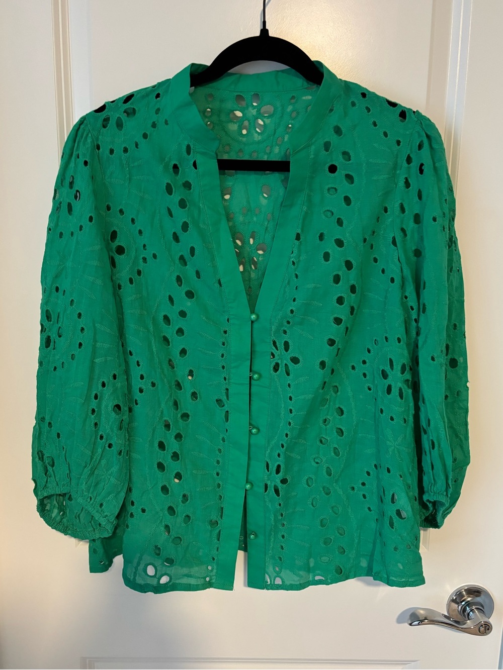 Green Eyelet Button-Front Blouse